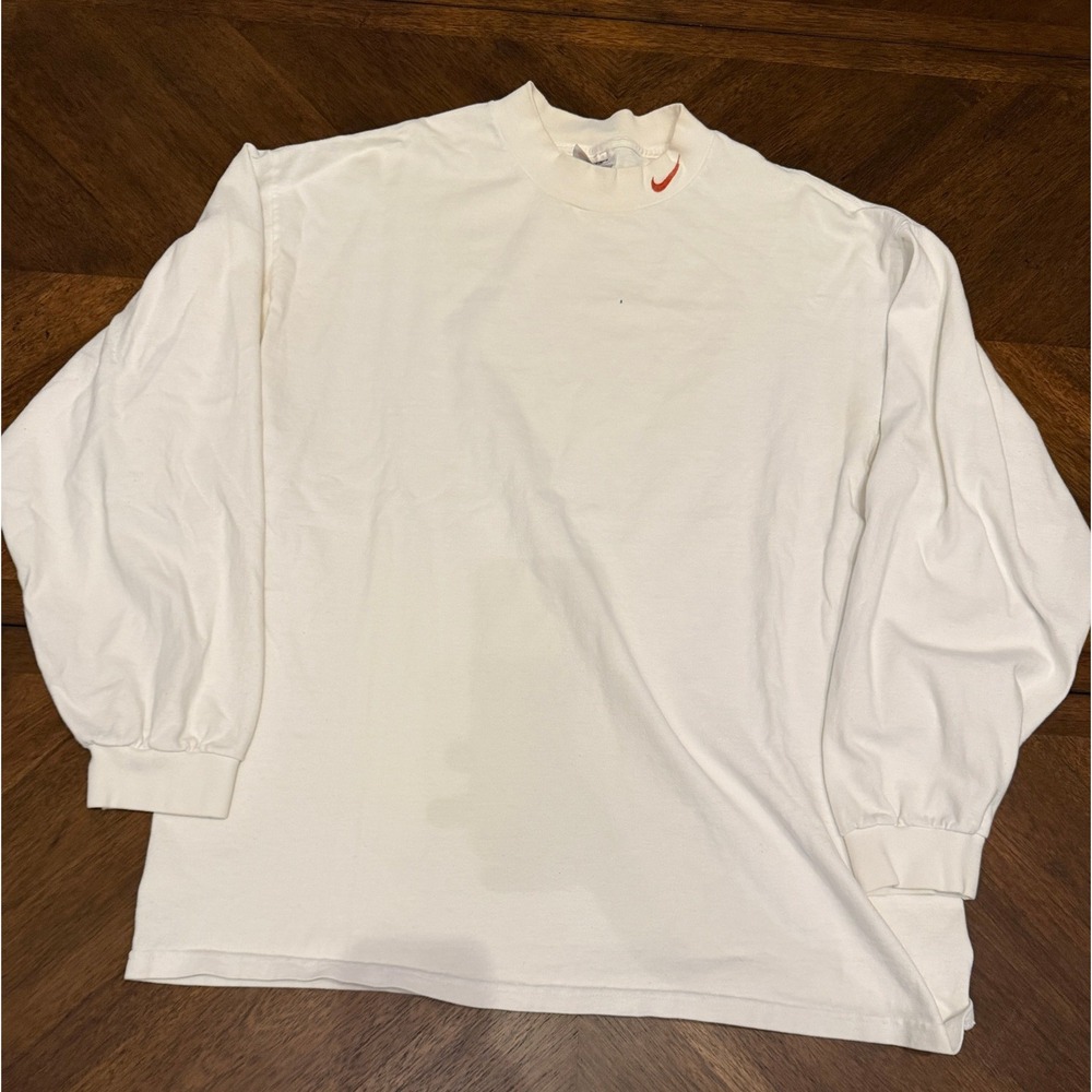 Vintage Nike Mock Neck Long Sleeve Shirt XL Off White Red Swoosh Made in USA